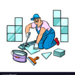 professional worker laying tile, repair work. Pop art retro vector illustration drawing